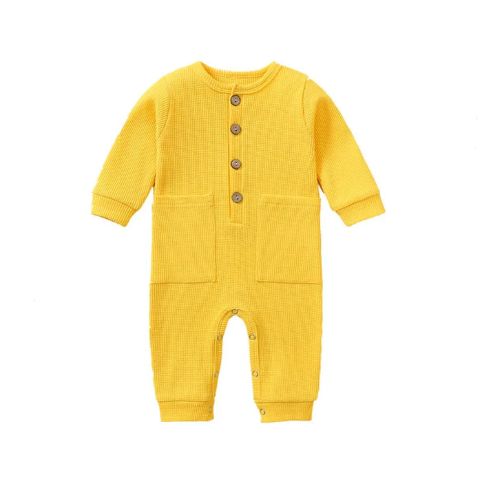 Soft Cotton Baby Romper – Long Sleeve Solid Jumpsuit with Wooden Buttons & Pocket
