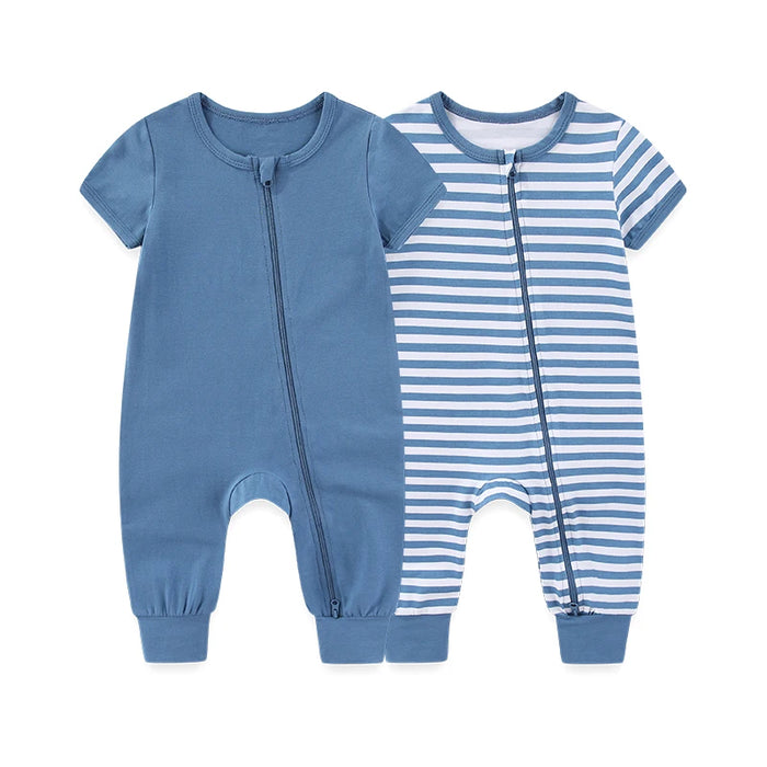 2-Pack Unisex Baby Rompers – Soft Cotton Short Sleeve Zipper Jumpsuits for Boys & Girls