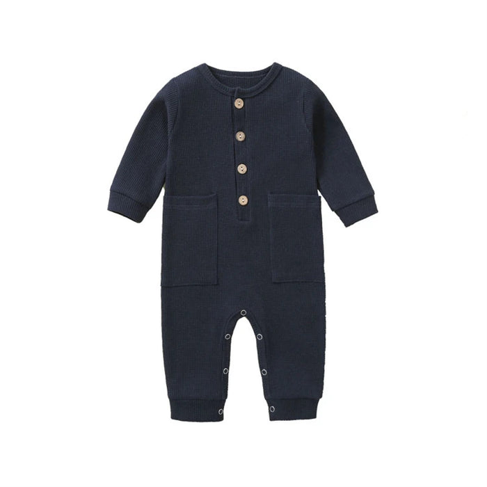 Soft Cotton Baby Romper – Long Sleeve Solid Jumpsuit with Wooden Buttons & Pocket