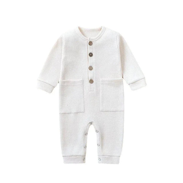 Soft Cotton Baby Romper – Long Sleeve Solid Jumpsuit with Wooden Buttons & Pocket
