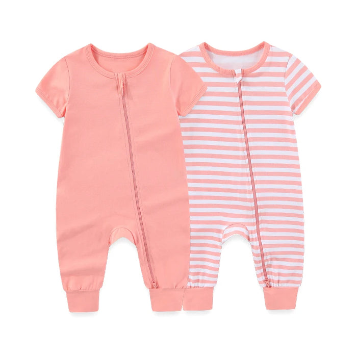 2-Pack Unisex Baby Rompers – Soft Cotton Short Sleeve Zipper Jumpsuits for Boys & Girls
