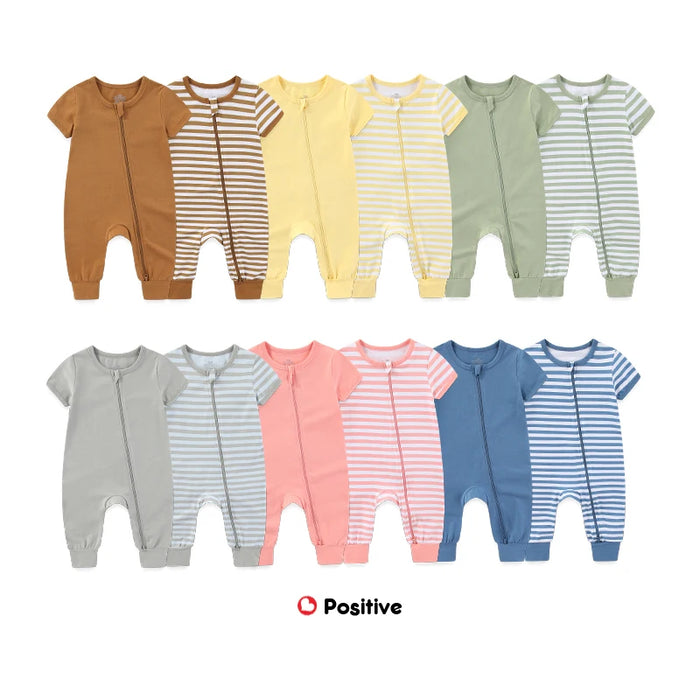 2-Pack Unisex Baby Rompers – Soft Cotton Short Sleeve Zipper Jumpsuits for Boys & Girls
