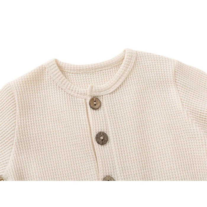 Soft Cotton Baby Romper – Long Sleeve Solid Jumpsuit with Wooden Buttons & Pocket