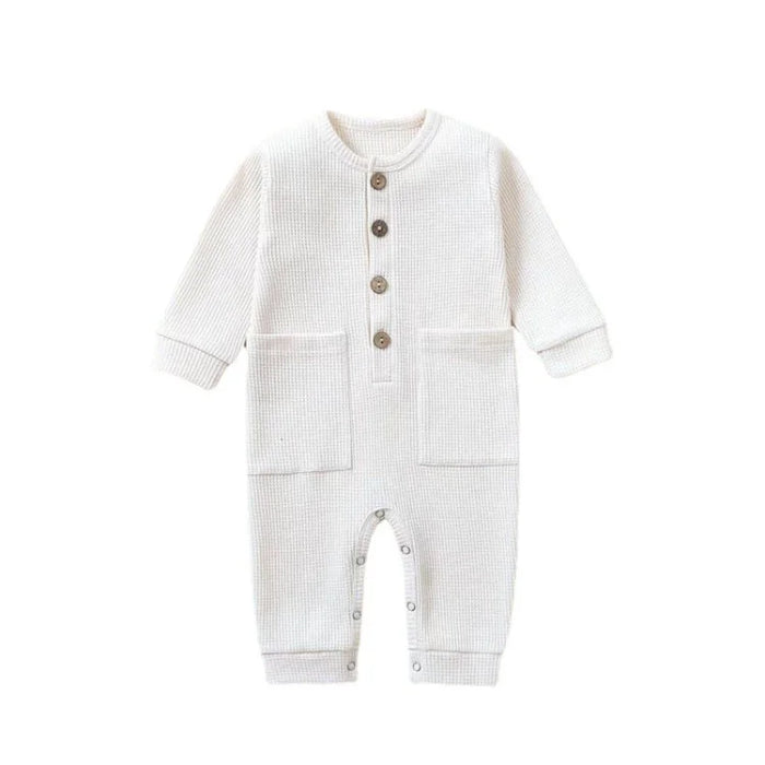 Soft Cotton Baby Romper – Long Sleeve Solid Jumpsuit with Wooden Buttons & Pocket
