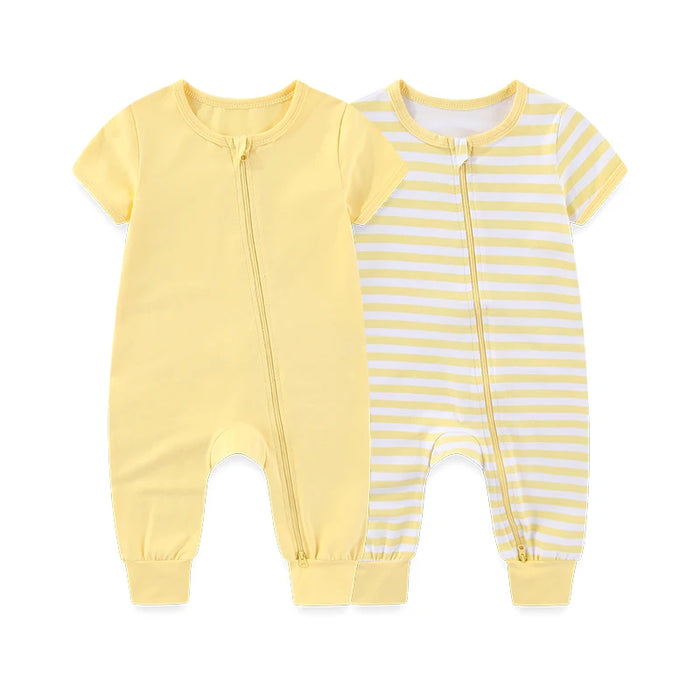 2-Pack Unisex Baby Rompers – Soft Cotton Short Sleeve Zipper Jumpsuits for Boys & Girls
