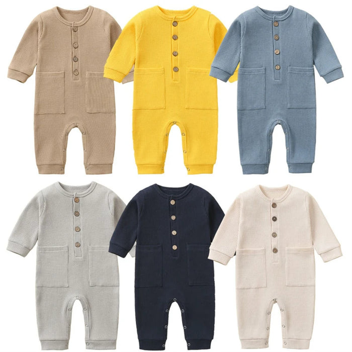 Soft Cotton Baby Romper – Long Sleeve Solid Jumpsuit with Wooden Buttons & Pocket