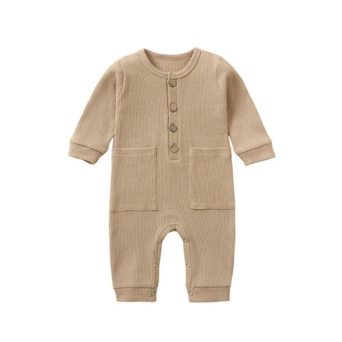 Soft Cotton Baby Romper – Long Sleeve Solid Jumpsuit with Wooden Buttons & Pocket