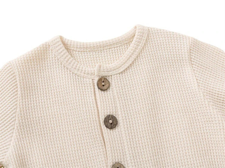 Soft Cotton Baby Romper – Long Sleeve Solid Jumpsuit with Wooden Buttons & Pocket