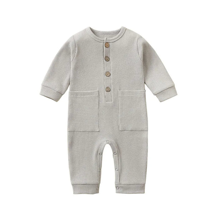 Soft Cotton Baby Romper – Long Sleeve Solid Jumpsuit with Wooden Buttons & Pocket