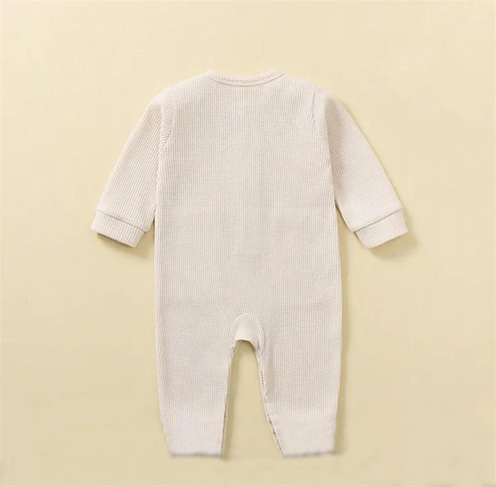 Soft Cotton Baby Romper – Long Sleeve Solid Jumpsuit with Wooden Buttons & Pocket