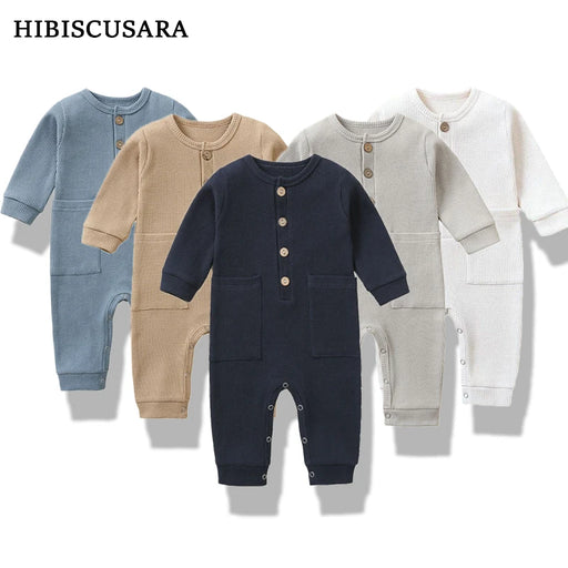 Soft Cotton Baby Romper – Long Sleeve Solid Jumpsuit with Wooden Buttons & Pocket