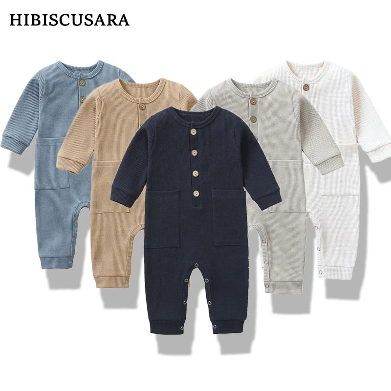Soft Cotton Baby Romper – Long Sleeve Solid Jumpsuit with Wooden Buttons & Pocket