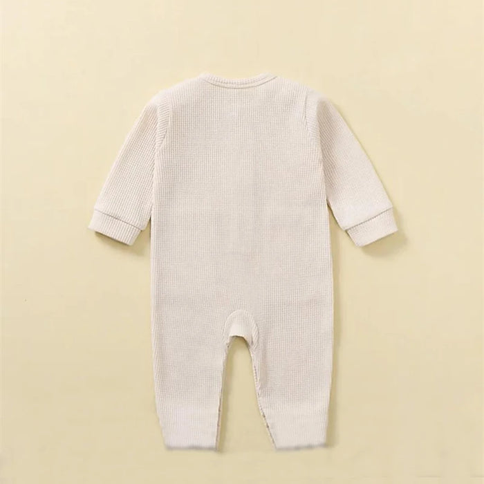 Soft Cotton Baby Romper – Long Sleeve Solid Jumpsuit with Wooden Buttons & Pocket