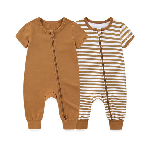 2-Pack Unisex Baby Rompers – Soft Cotton Short Sleeve Zipper Jumpsuits for Boys & Girls