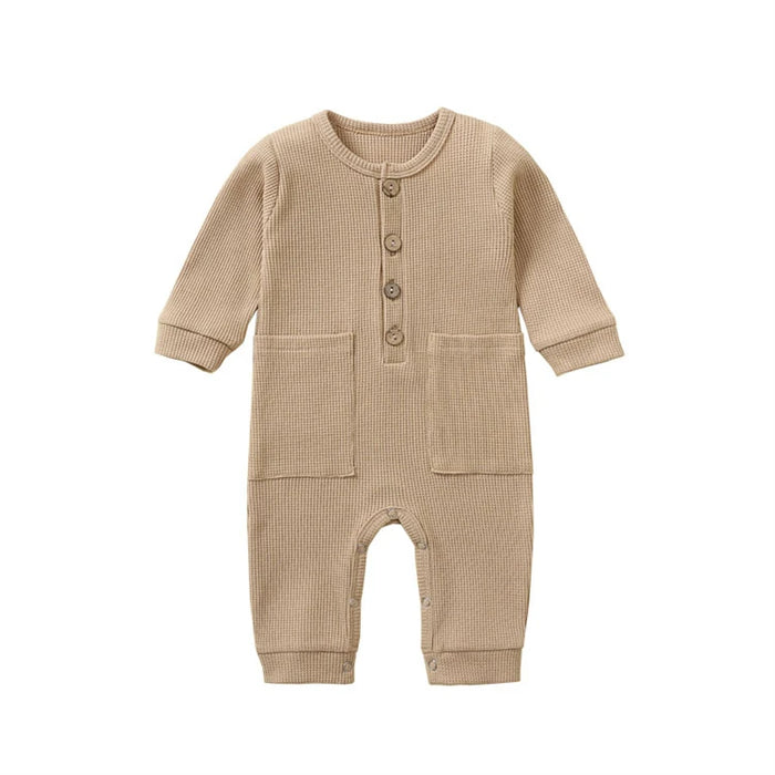 Soft Cotton Baby Romper – Long Sleeve Solid Jumpsuit with Wooden Buttons & Pocket