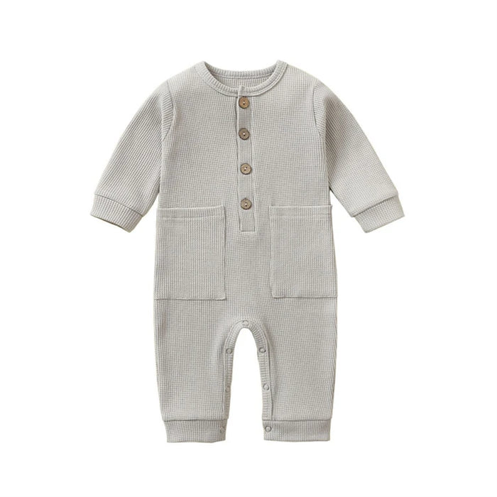 Soft Cotton Baby Romper – Long Sleeve Solid Jumpsuit with Wooden Buttons & Pocket