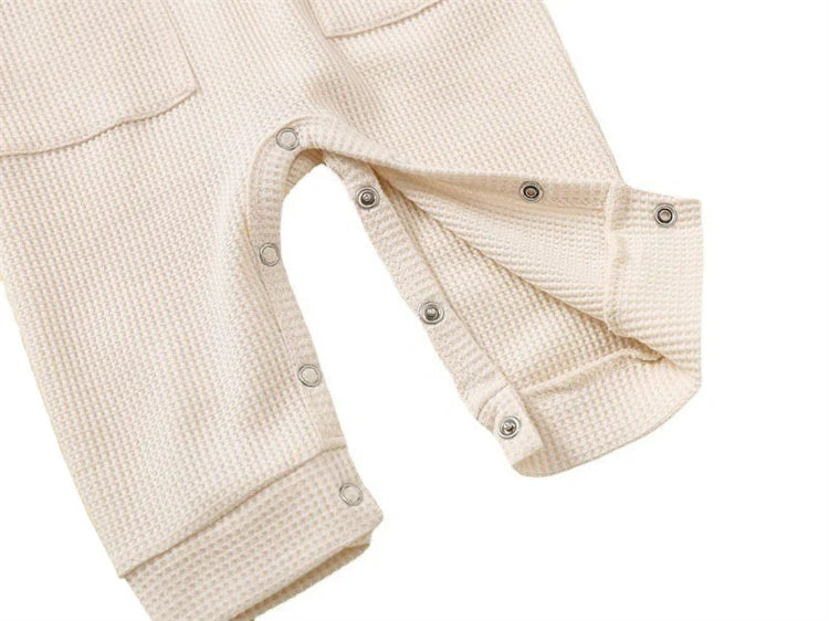 Soft Cotton Baby Romper – Long Sleeve Solid Jumpsuit with Wooden Buttons & Pocket