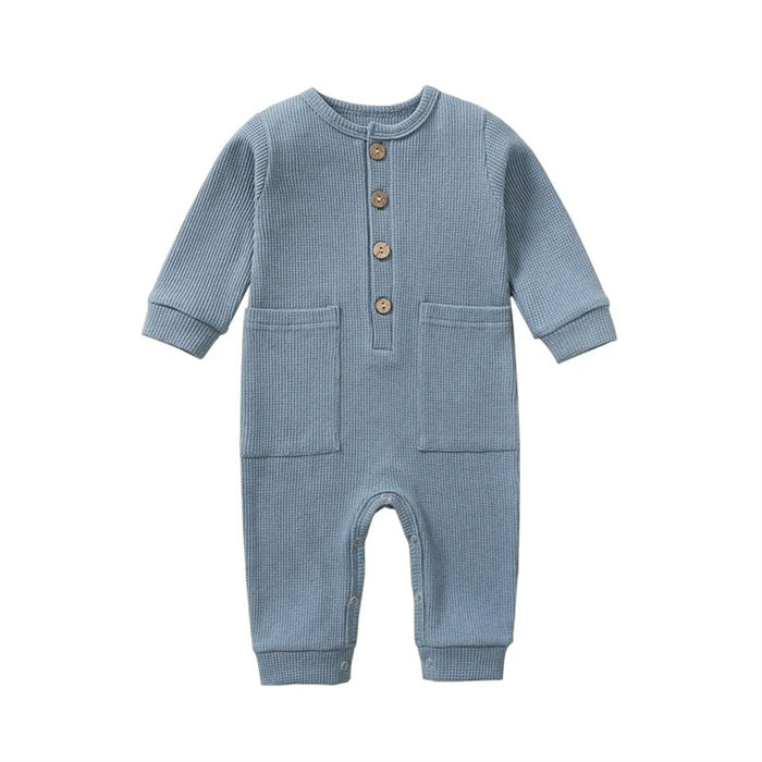 Soft Cotton Baby Romper – Long Sleeve Solid Jumpsuit with Wooden Buttons & Pocket